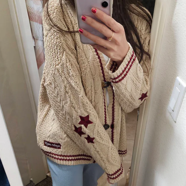 Red Star TS Embroidery Knitting Beige Cardigan