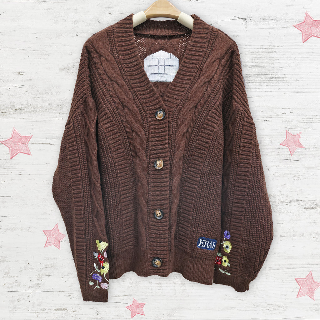 Flower House Embroidery Knitting Brown Cardigan