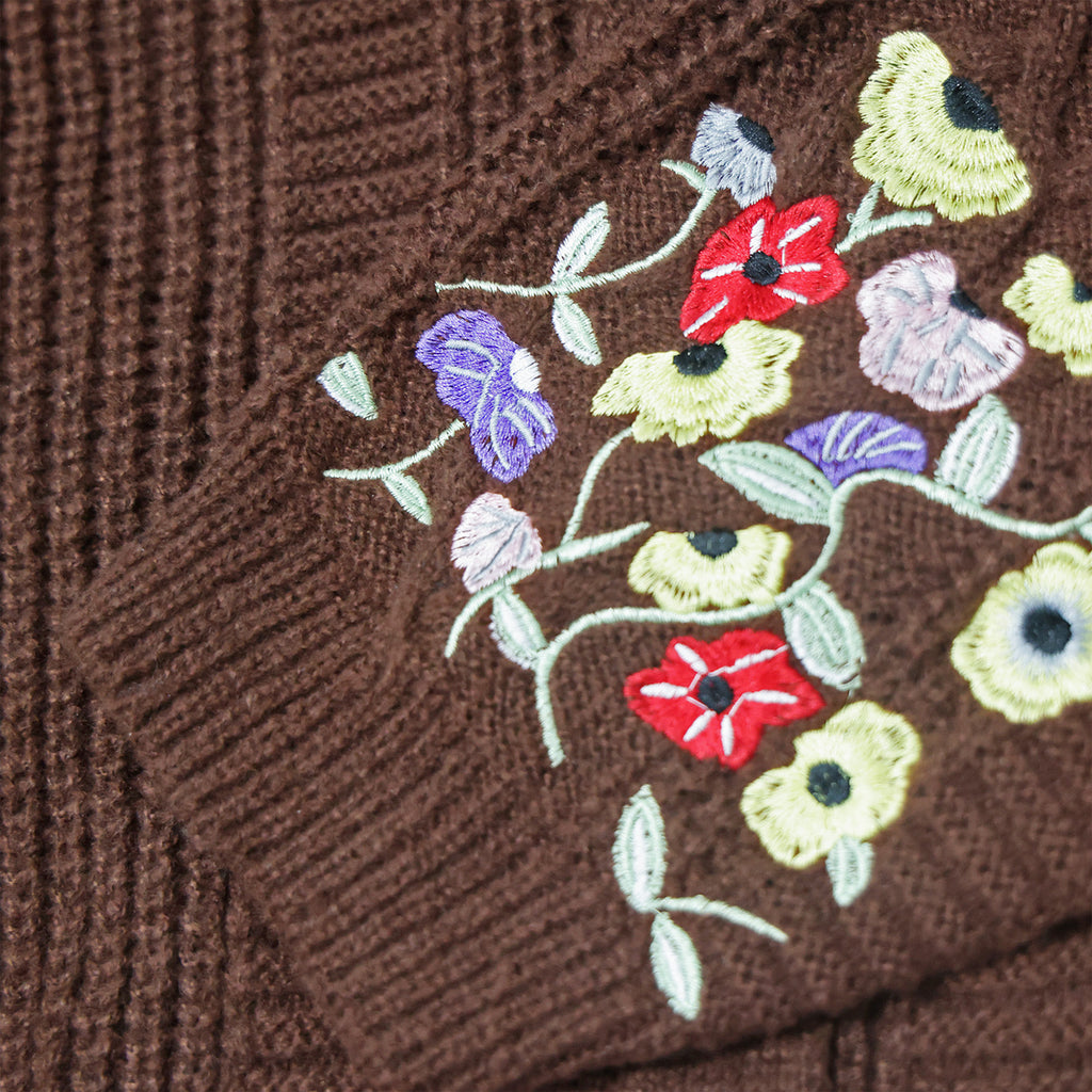 Flower House Embroidery Knitting Brown Cardigan