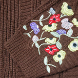 Flower House Embroidery Knitting Brown Cardigan