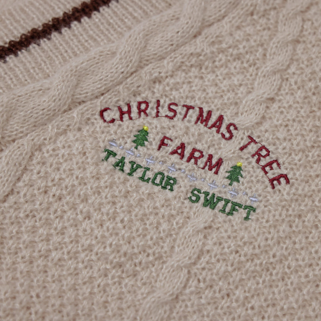 Christmas Tree Star Embroidery Knitting White Cardigan