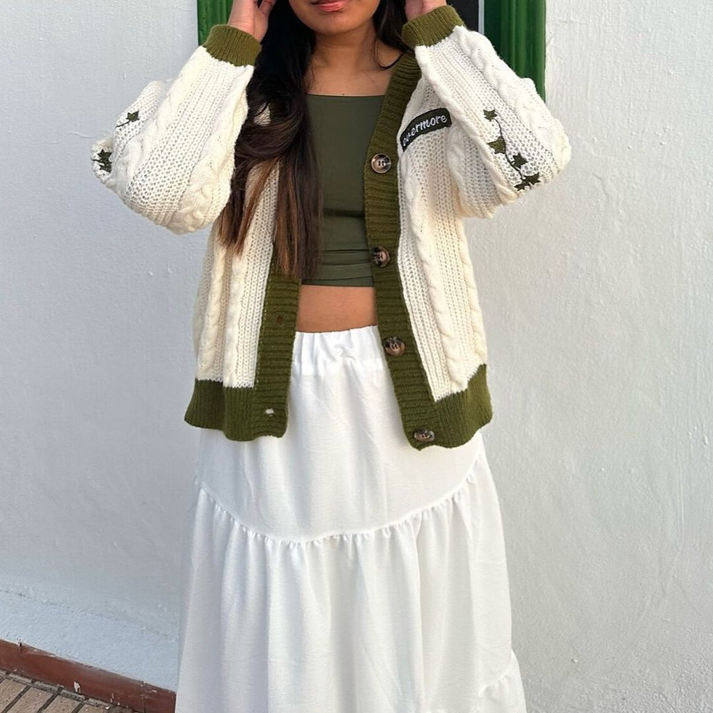 Green Ivy Embroidery Knitting White Cardigan