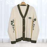 Green Ivy Embroidery Knitting White Cardigan