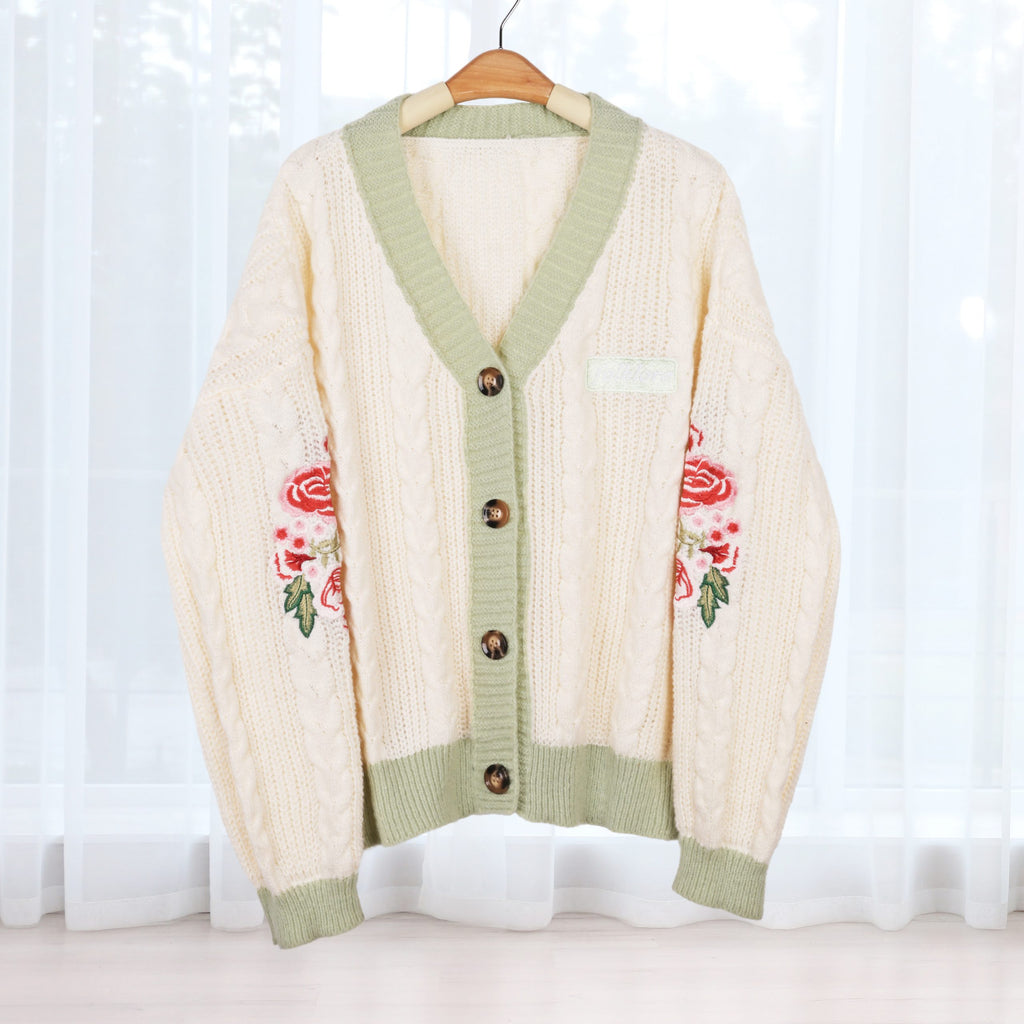 Flower Ivy Evermore Embroidery Knitting White Cardigan