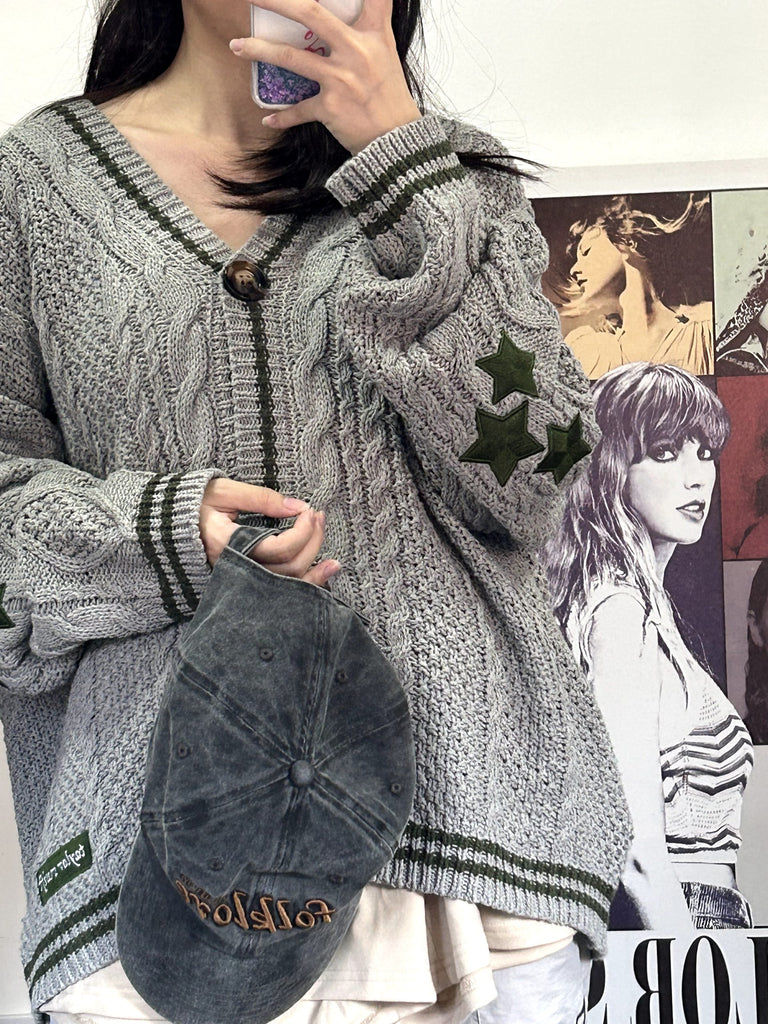 Green Star TS Embroidery Knitting Gray Cardigan