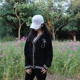 Silver Star Green Snake Embroidery Knitting Black Cardigan