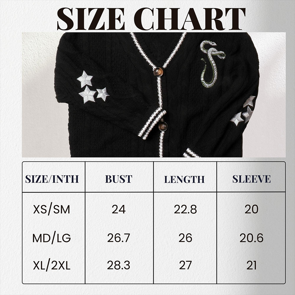 Silver Star Green Snake Embroidery Knitting Black Cardigan