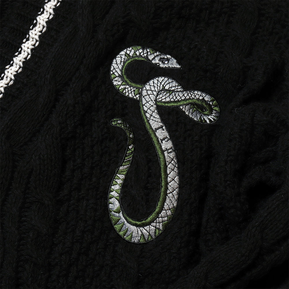Silver Star Green Snake Embroidery Knitting Black Cardigan