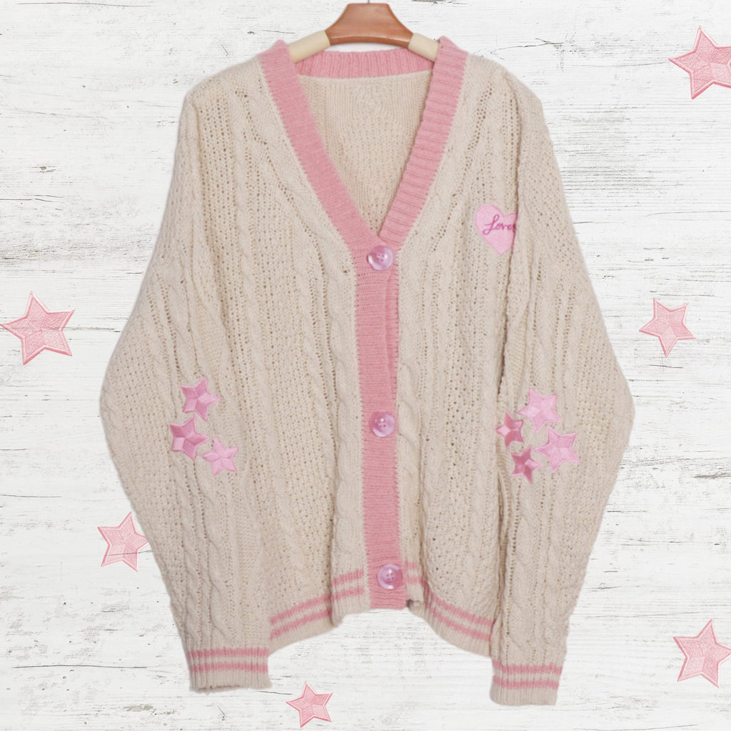 Pink Star Embroidery Knitting Cream Cardigan