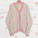 Pink Star Embroidery Knitting Cream Cardigan