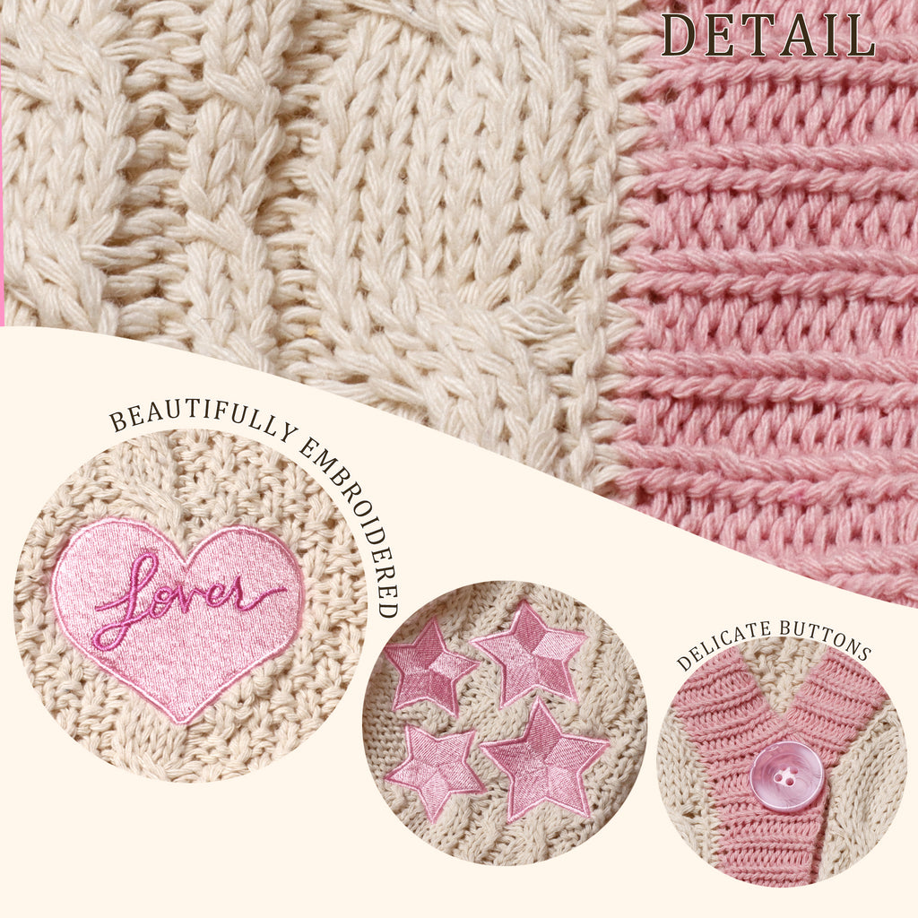 Pink Star Embroidery Knitting Cream Cardigan