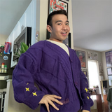 Yellow Star Embroidery Knitting Purple Cardigan