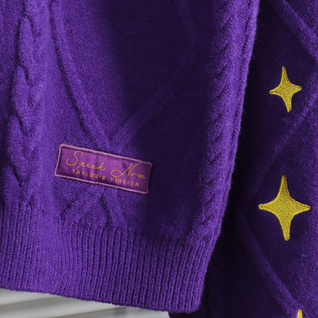 Yellow Star Embroidery Knitting Purple Cardigan