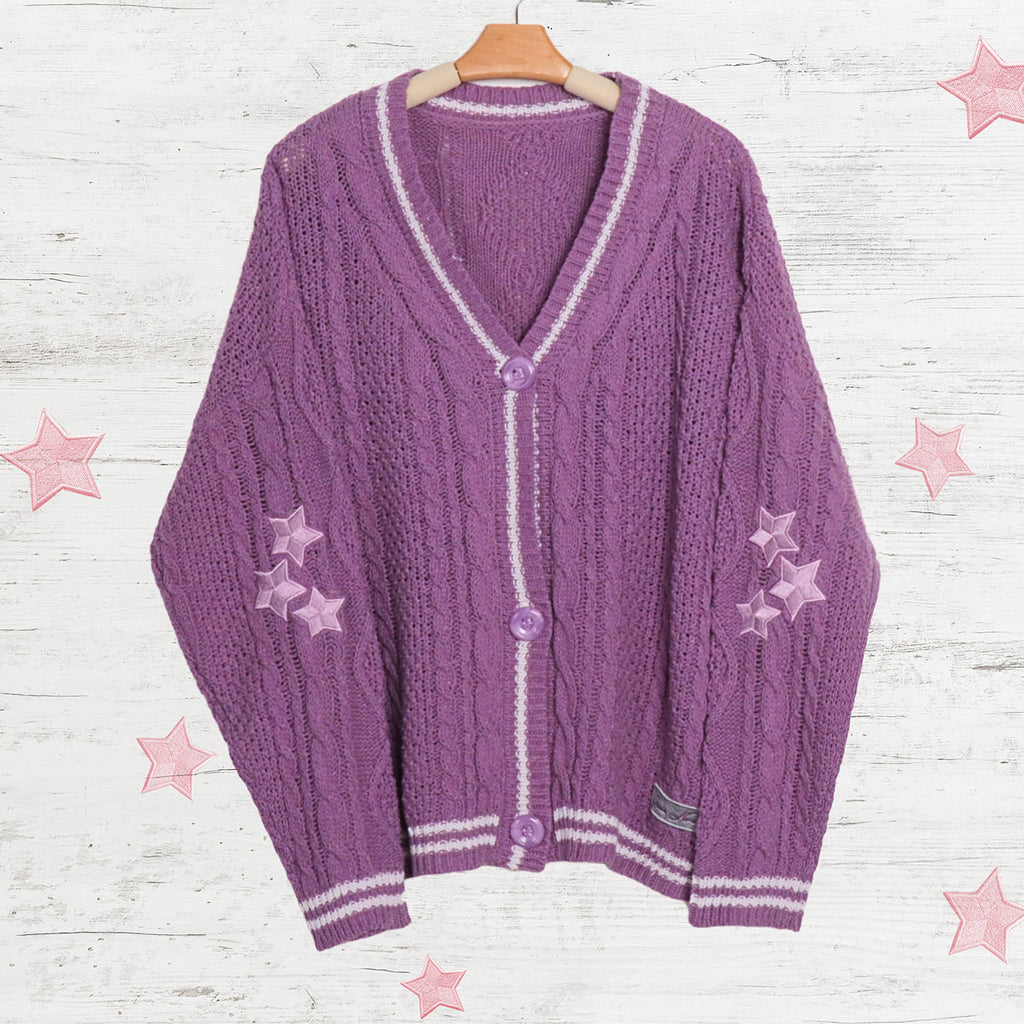 Purple Star Embroidery Knitting Cardigan