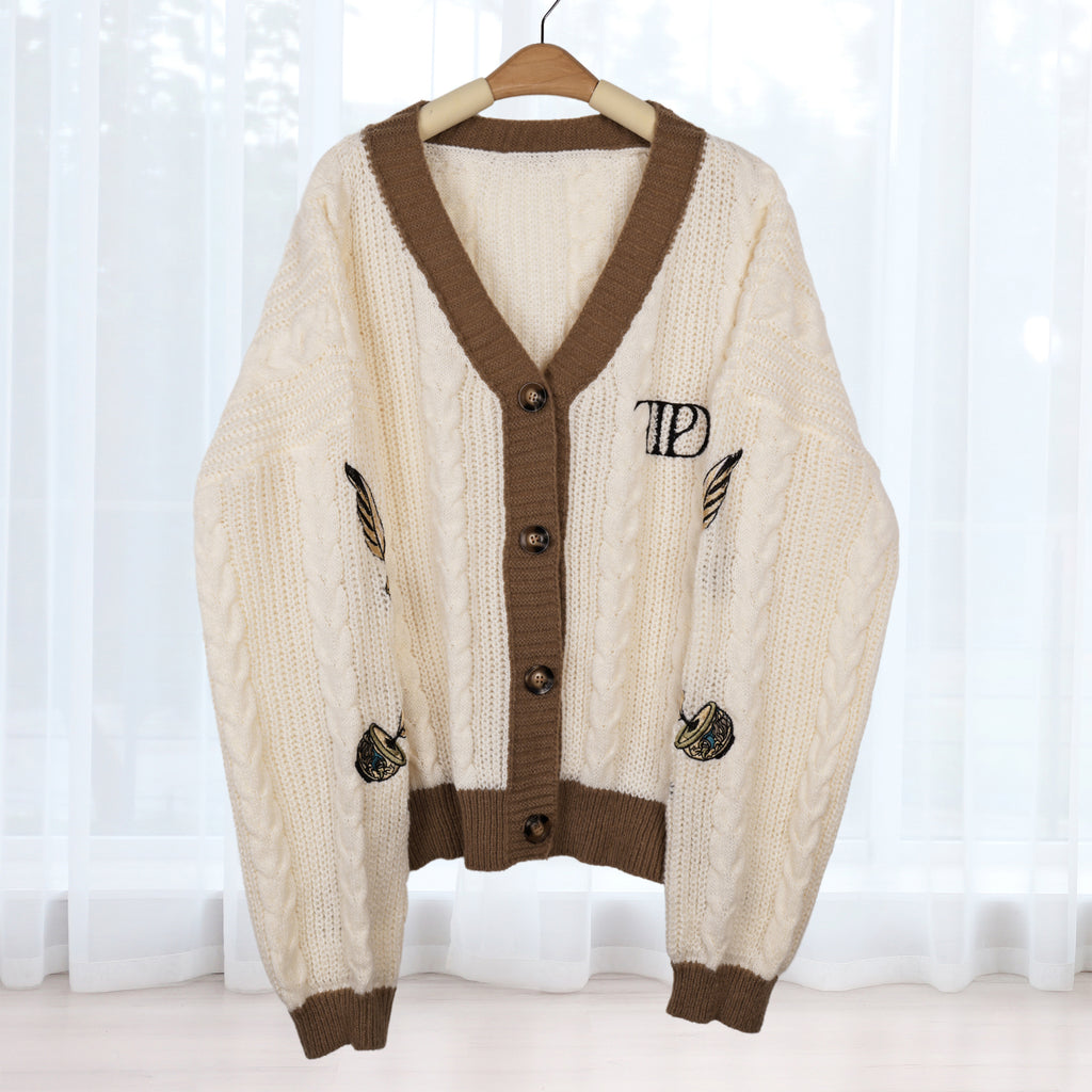 Brown Feather Embroidery Knitting White Cardigan