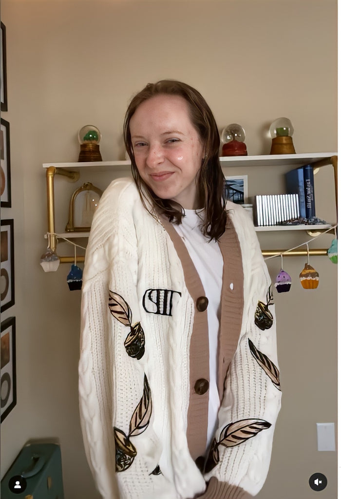 Brown Feather Embroidery Knitting White Cardigan