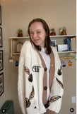Brown Feather Embroidery Knitting White Cardigan