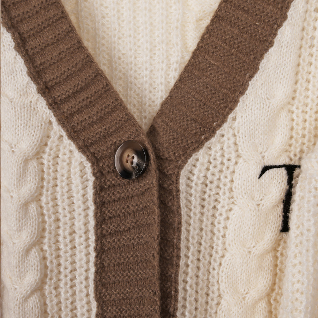 Brown Feather Embroidery Knitting White Cardigan