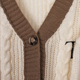 Brown Feather Embroidery Knitting White Cardigan