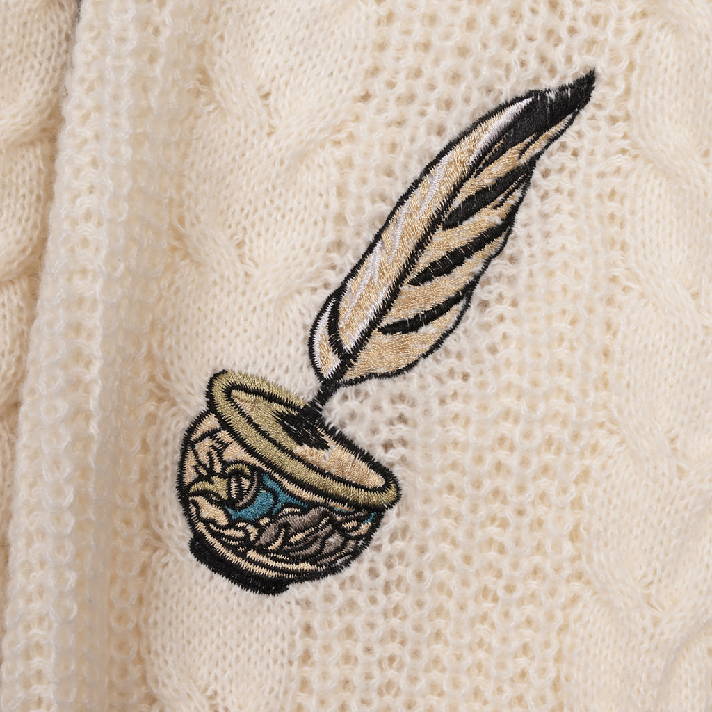 Brown Feather Embroidery Knitting White Cardigan