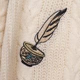 Brown Feather Embroidery Knitting White Cardigan