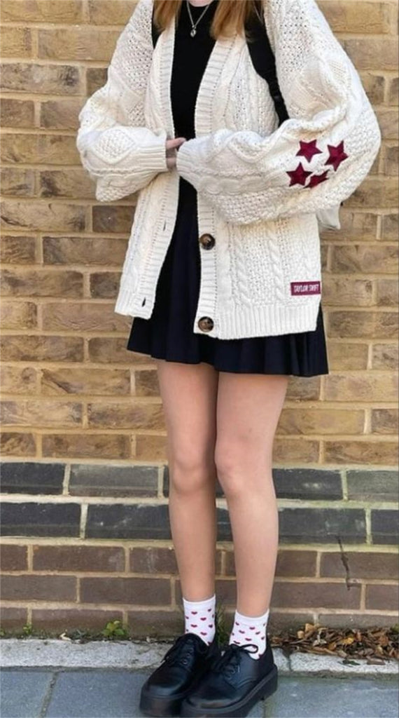 Red Star TS Embroidery Knitting White Cardigan