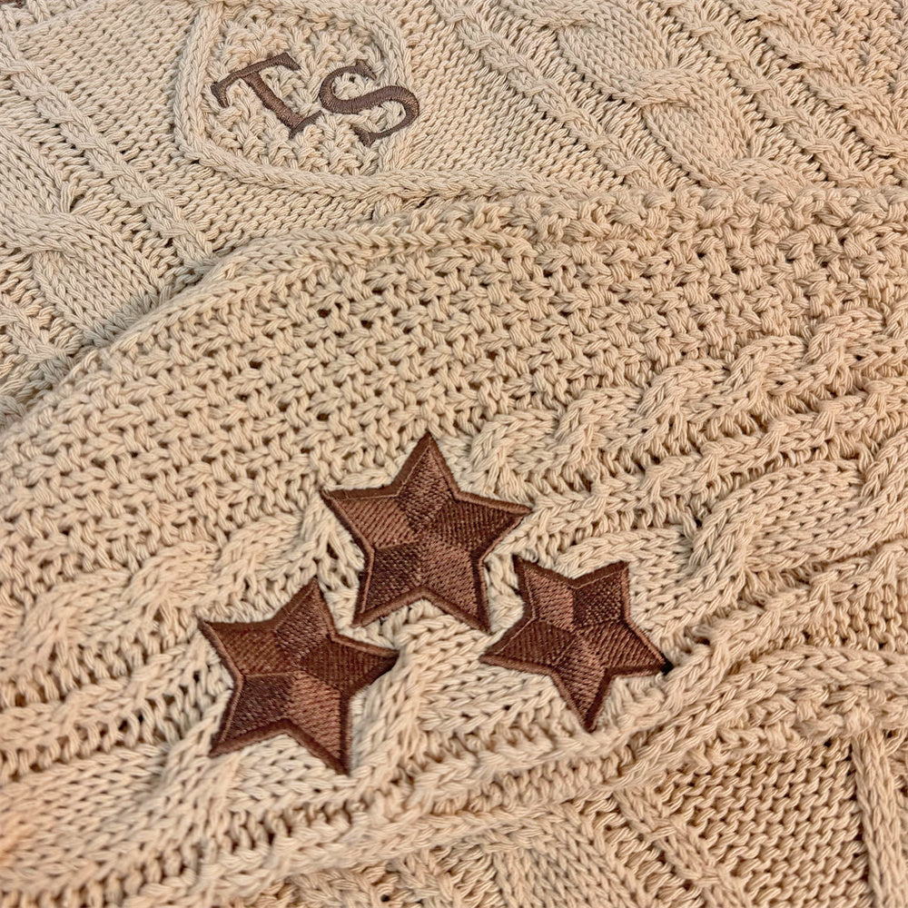Brown Star Embroidery Knitting Beige Cardigan
