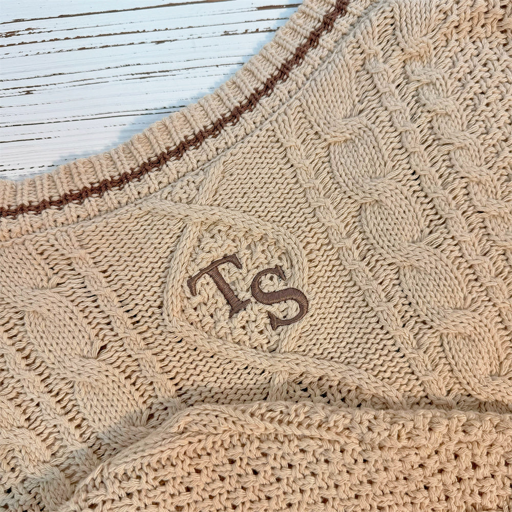 Brown Star Embroidery Knitting Beige Cardigan
