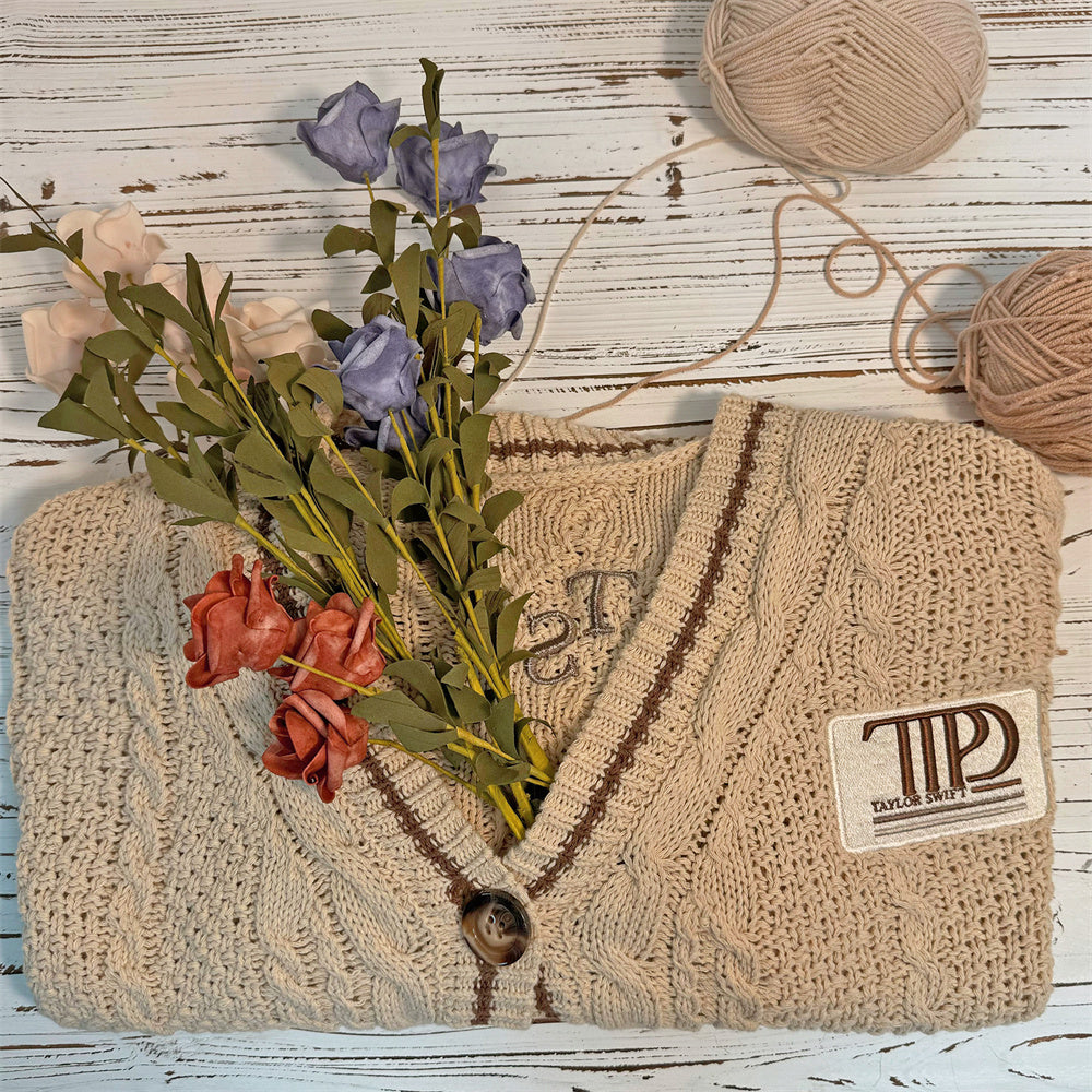 Brown Star Embroidery Knitting Beige Cardigan