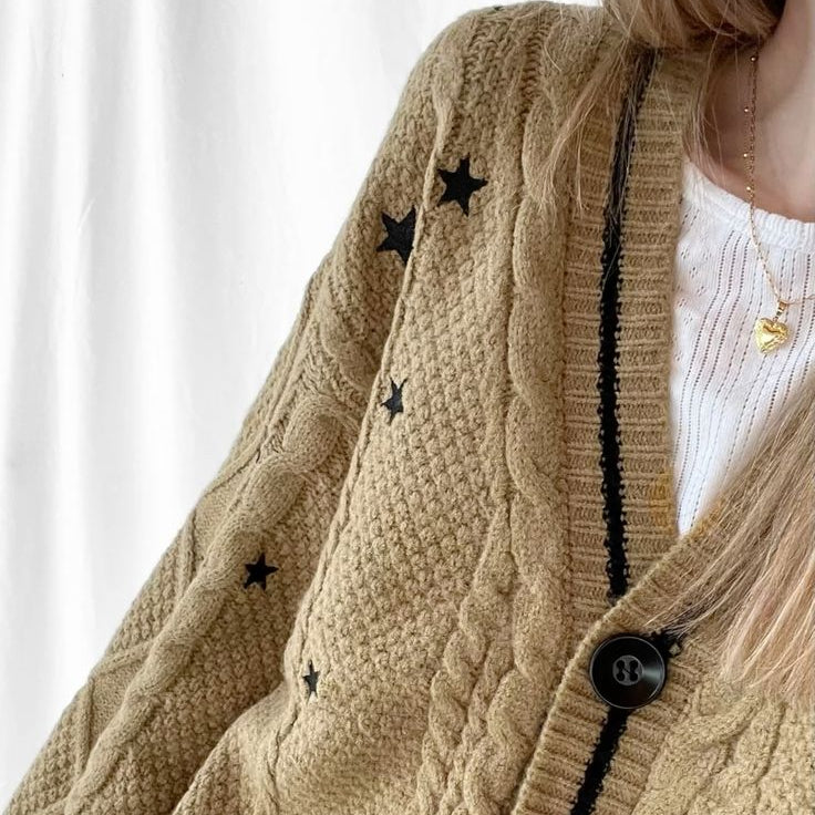 Stars Knitting Brown Cardigan