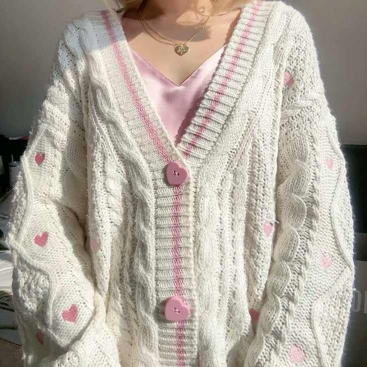 Pink Heart Knitting Cream Cardigan