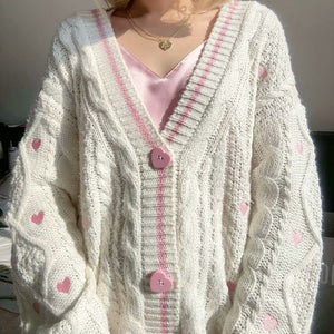 Pink Heart Knitting Cream Cardigan