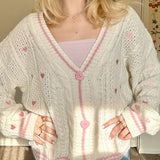 Pink Heart Knitting Cream Cardigan