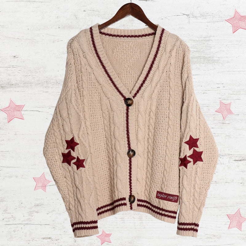 Red Star TS Embroidery Knitting Beige Cardigan