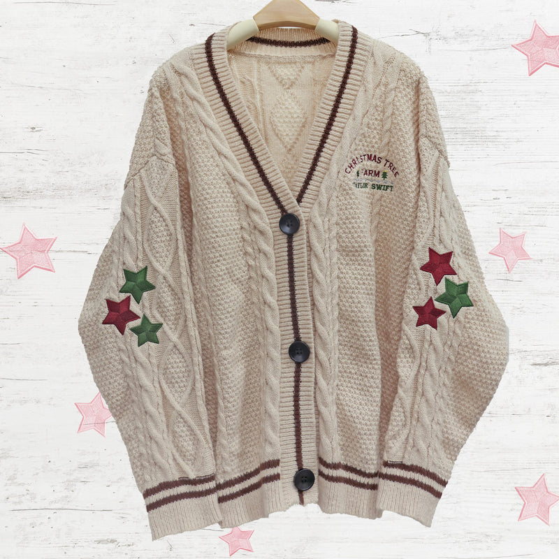 Christmas Tree Star Embroidery Knitting White Cardigan