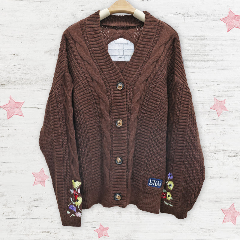 Flower House Embroidery Knitting Brown Cardigan