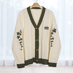 Green Ivy Embroidery Knitting White Cardigan