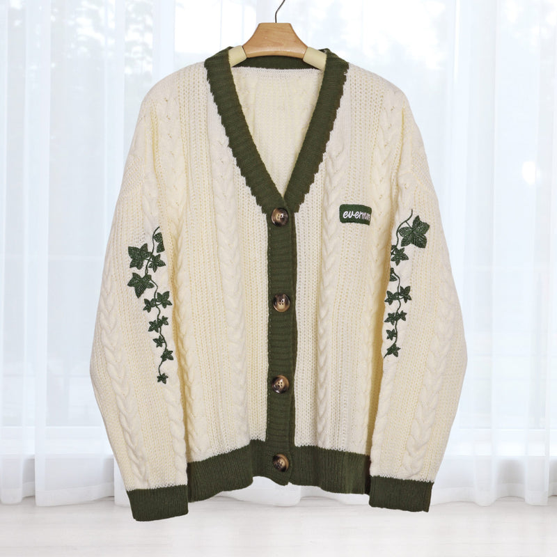 Green Ivy Embroidery Knitting White Cardigan