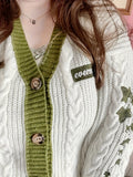 Green Ivy Embroidery Knitting White Cardigan