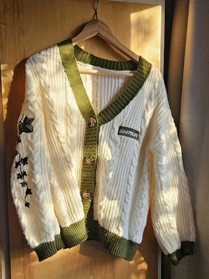 Green Ivy Embroidery Knitting White Cardigan