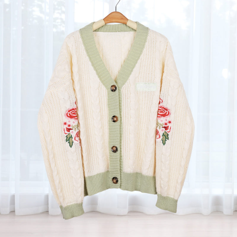 Flower Ivy Evermore Embroidery Knitting White Cardigan
