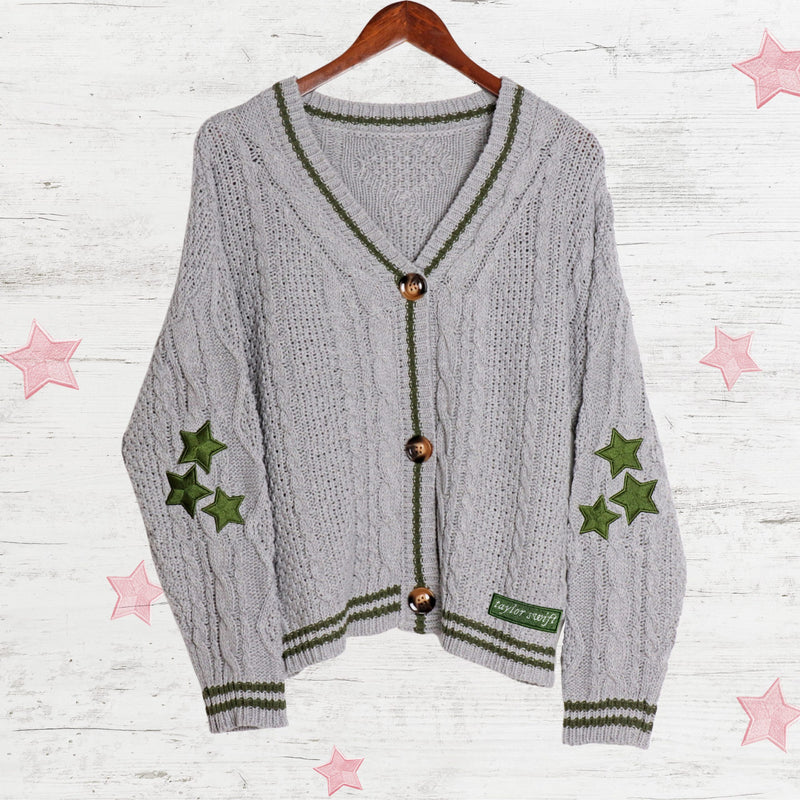 Green Star TS Embroidery Knitting Gray Cardigan