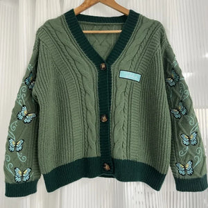 Green Butterfly Debut Embroidery Knitting Cardigan