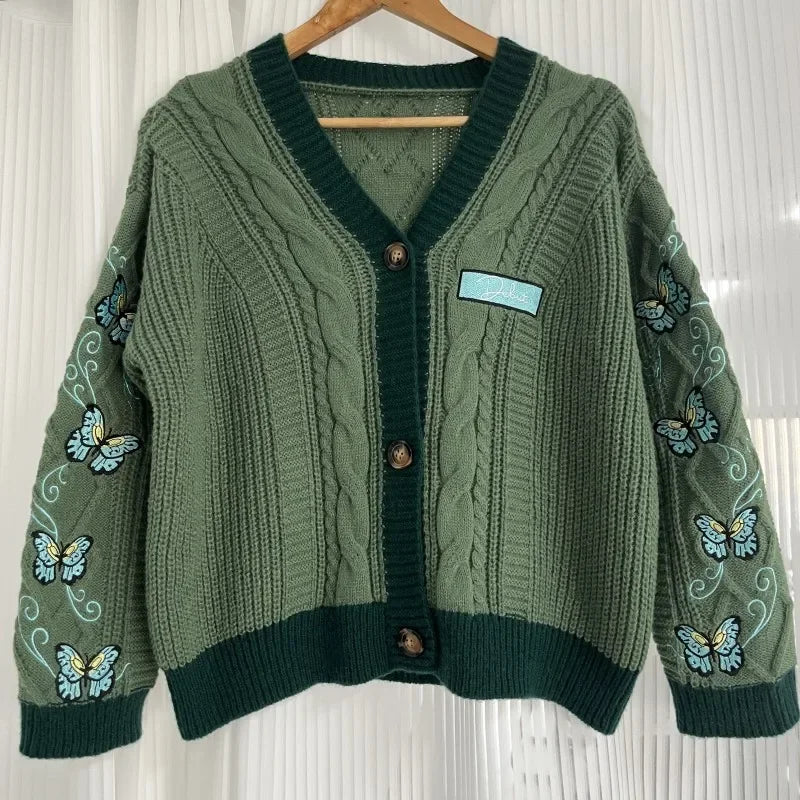 Green Butterfly Debut Embroidery Knitting Cardigan
