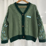 Green Butterfly Debut Embroidery Knitting Cardigan