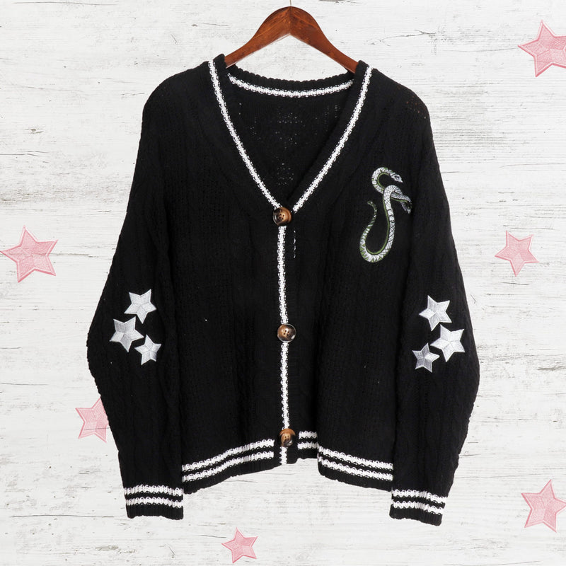Silver Star Green Snake Embroidery Knitting Black Cardigan