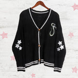 Silver Star Green Snake Embroidery Knitting Black Cardigan