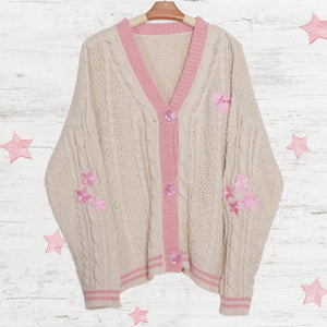 Pink Star Embroidery Knitting Cream Cardigan