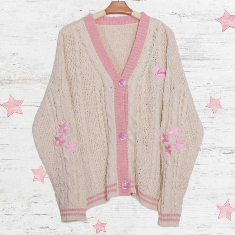 Pink Star Embroidery Knitting Cream Cardigan
