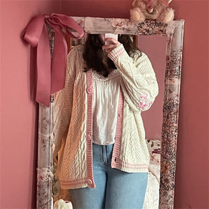 Pink Star Embroidery Knitting Cream Cardigan